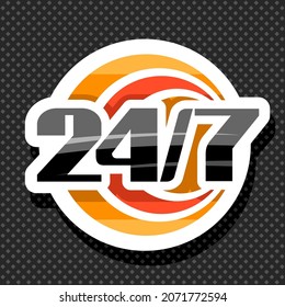 Vector logo 24 7, white isolated signage with illustration colorful circles and unique decorative font for number 24 7, marketing design concept with shadow on grey background.