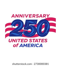 Vector logo for the 250th anniversary of the United States in the colors of the national flag on a white background. Patterns in the style of old calligraphy. Celebrating American independence on the Fourth of July.