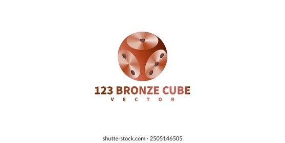 Vector logo. 3d bronze cube. Volumetric game dice. White isolated background.