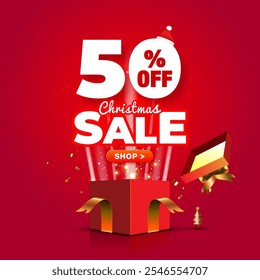 Vector logo of 50% off christmas sale, shopping offer, deals and discount, Pop-Up from red open gift box.