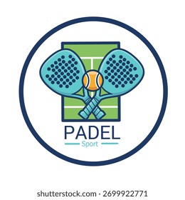 Logotipo del Vector sobre el deporte del pádel con la Imagen de la raqueta de la bola y de la pista de pádel 