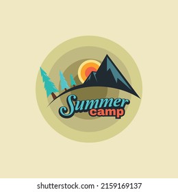vector logo about summer camp with shades of bluish green and turquoise with pine trees and mountains in the background