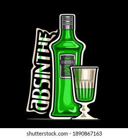 Vector logo for Absinthe, outline illustration of green classic bottle with decorative label and half full cartoon cordial glass, square placard with unique design lettering for word absinthe on dark.