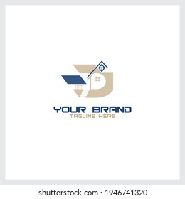 Letra abstracta D del logotipo del vector con estilo de color dorado y azul