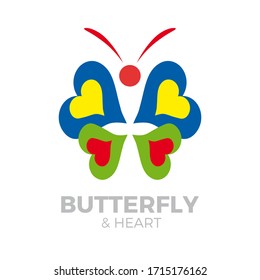 Mariposa abstracta con el logo vectorial con corazones. Concepto de naturaleza y medio ambiente