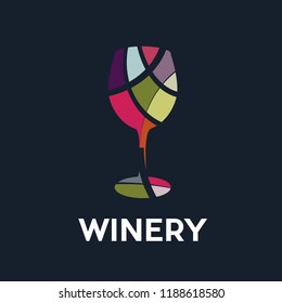Vector logo, abstract glass of wine in colorful mosaic style, winery concept