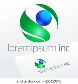Vector logo with abstract green leaf and blue round drop. Emblem for Ecology, Pharmacy, Cosmetic activity