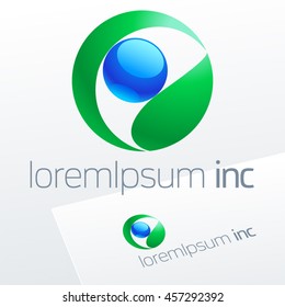 Vector logo with abstract green leaf and blue round drop. Emblem for Ecology, Pharmacy, Cosmetic activity