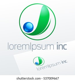 Vector logo with abstract green leaf and blue round drop. Emblem for Ecology, Pharmacy, Cosmetic activity