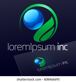 Vector logo with abstract green leaf and blue round drop. Emblem for Ecology, Pharmacy, Cosmetic activity
