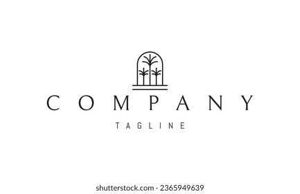 A vector logo with an abstract image of an arched doorway with three palm trees in it.