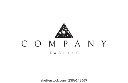 A vector logo with an abstract image of a black hole in a triangle.