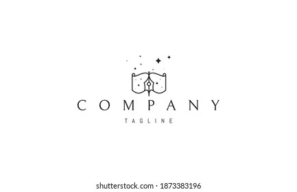 Vector logo with an abstract image of a book and an ink pen in the middle.
