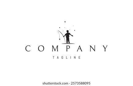 Vector logo with an abstract image of a child with a fishing rod against the backdrop of a starry sky.