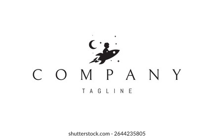Vector logo with an abstract image of a child flying on a rocket against the background of stars in a dream.