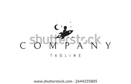 Vector logo with an abstract image of a child flying on a rocket against the background of stars in a dream.