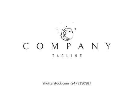 A vector logo with an abstract image of a feather in the shape of a moon on a background of stars.