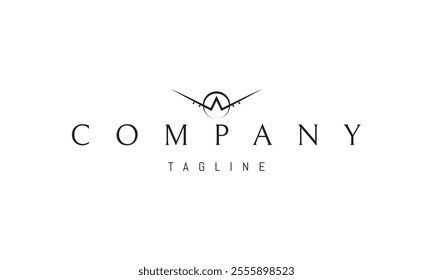 Vector logo with an abstract image of a flying airplane against the backdrop of the sun.