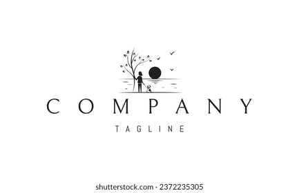 A vector logo with an abstract image of a girl with a dog admiring the sunset on the sea.