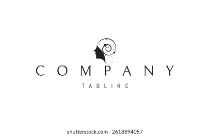 Logo vetorial com uma imagem abstrata de uma cabeça de meninas com o universo em sua cabeça.
