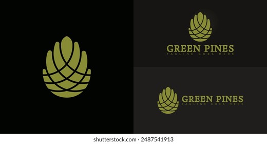 Vector logo with an abstract image of a green pine cone logo in green colors isolated on multiple background colors. The logo is suitable for Luxury Mountain Lodge logo design inspiration templates.