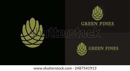 Vector logo with an abstract image of a green pine cone logo in green colors isolated on multiple background colors. The logo is suitable for Luxury Mountain Lodge logo design inspiration templates.