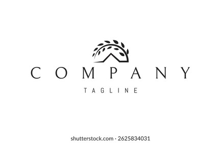 Logotipo vetorial com uma imagem abstrata de um telhado de casa com uma orelha de trigo acima dele na forma do sol.