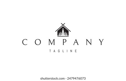 A vector logo with an abstract image of a hut with a silhouette of a pine forest in the middle.