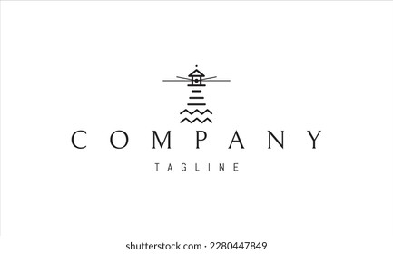 Vector logo with an abstract image of a lighthouse with rays of light and waves at the base.