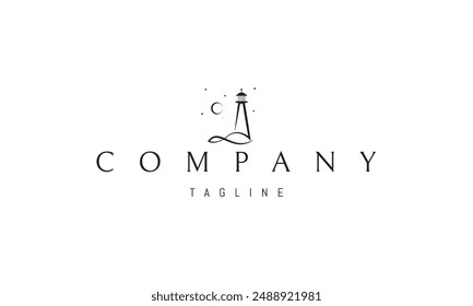 Vector logo with an abstract image of a lighthouse against the background of the night sky in a linear style.