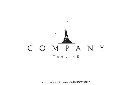 Vector logo with an abstract image of a lighthouse on a background of the night sky on a rock.