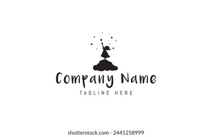 A vector logo with an abstract image of a little girl standing on a cloud and reaching for a star.