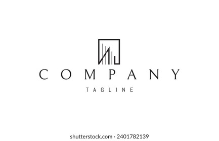Vector logo with an abstract image of a modern building in a rectangle.