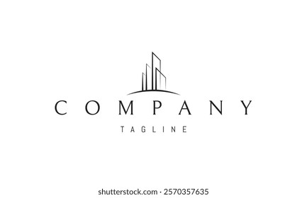 Vector logo with an abstract image of a modern city on the horizon.