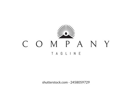A vector logo with an abstract image of a mountain with a drop above it against the backdrop of the sun.