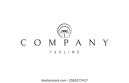 Vector logo with an abstract image of a palm tree against the backdrop of the sun.