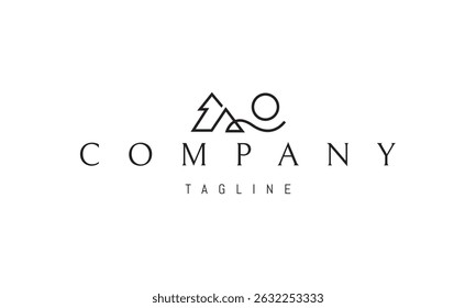 Vector logo with an abstract image of a pine tree and a mountain with the sun and a wave.