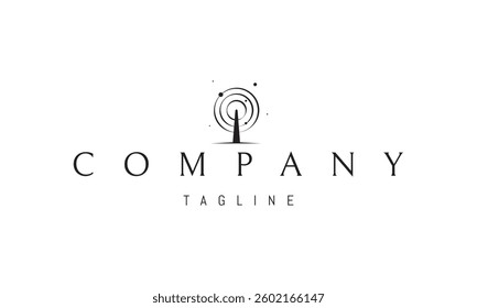 Vector logo with an abstract image of a radio tower with waves around it.