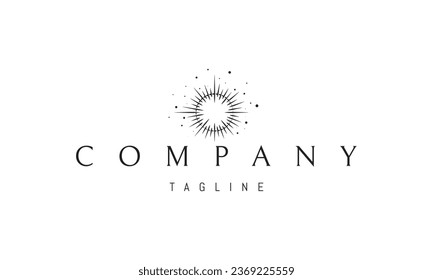A vector logo with an abstract image of a shining sun against a background of stars.