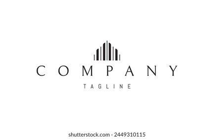 A vector logo with an abstract image of the silhouette of a house made up of columns.