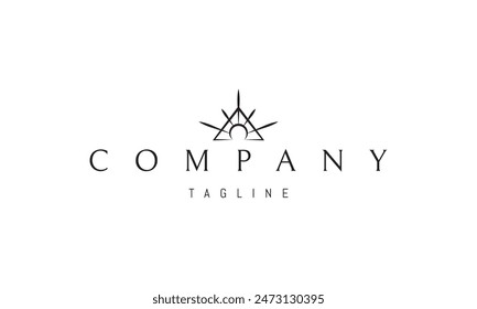 A vector logo with an abstract image of the sun shining against a mountain background.