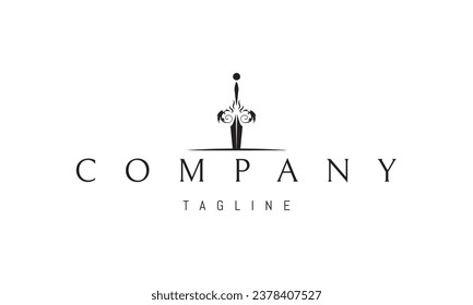 A vector logo with an abstract image of a sword with a handle in the form of two dragons.