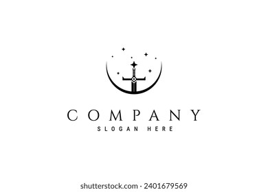 Vector logo with an abstract image of a sword stuck with a combination of a crescent moon and stars