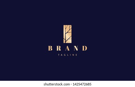 Vector logo with an abstract image of a tree cut out in a rectangle in gold color.