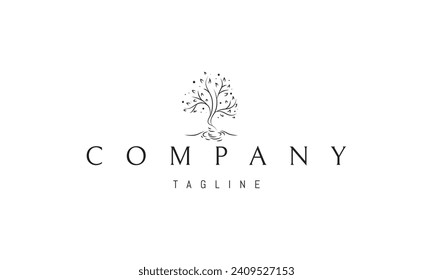 A vector logo with an abstract image of a tree growing from a whirlpool.
