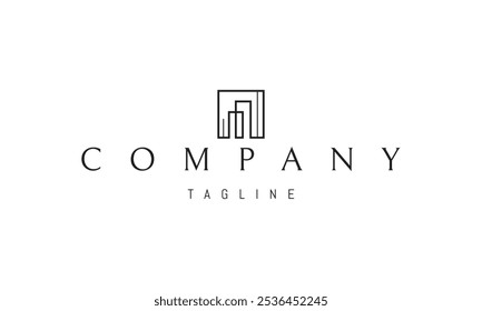 Logotipo vetorial com uma imagem abstrata de dois edifícios residenciais num quadro num estilo linear.