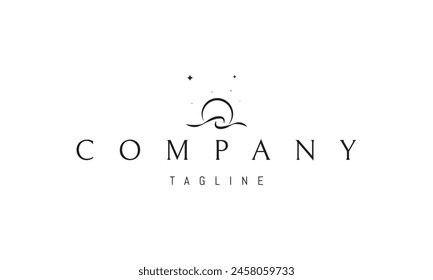 A vector logo with an abstract image of a wave against the backdrop of the full moon and stars.