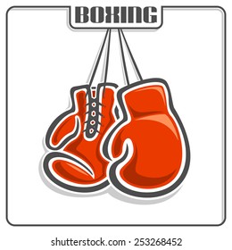 Vector Logo For Abstract Red Boxing Gloves Hanging On A Lace Closeup On A White Background, Emblem Icon Boxing Club