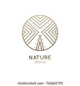 Vector logo abstract tree. Simple geometric logotype of tree or mountains. Linear round emblem for design of natural products, organic shop, flower shop, cosmetics, ecology, health, spa, yoga Center