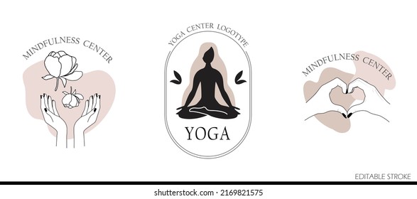 Vector logo with abstract woman silhouette in yoga meditation position. simple minimal hand drawn line design icon for spa wellness, yoga fitness center